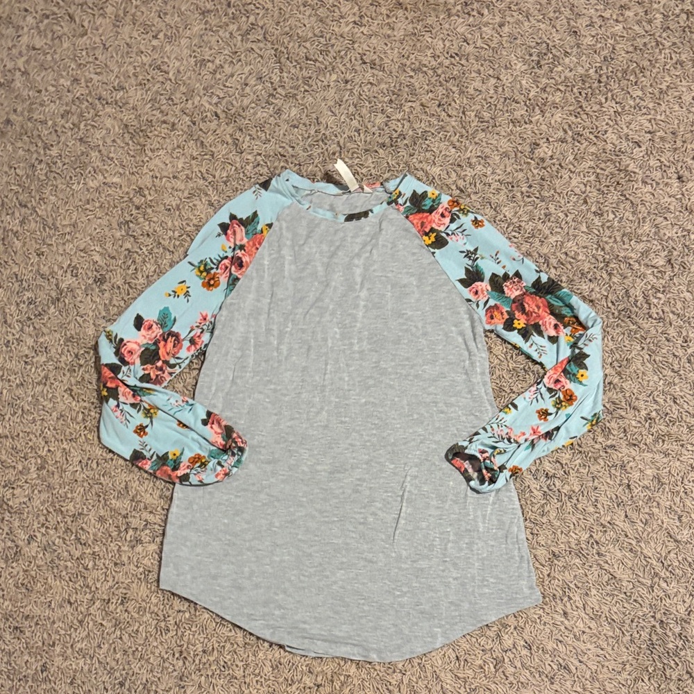 Matilda Jane Gray Top with Floral Blue Sleeves
